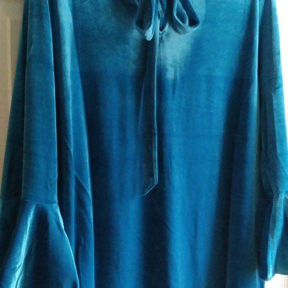 THE LIMITED Size L Mykonos BLUE Velvet Bell Sleeve Keyhole Tie Back Blouse ~New - Picture 11 of 12